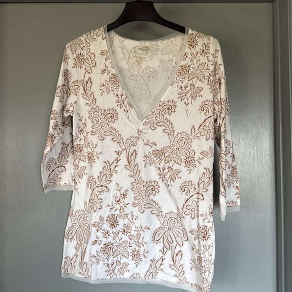 Roper White Floral Babydoll Western Pullover Top Rhinestone VNeck Long Sleeve XL